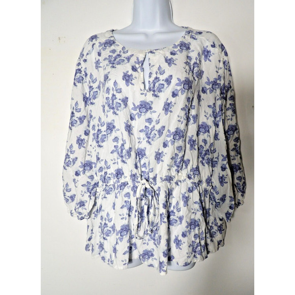 Como Blu Womens Top 3X Blue White Floral Prairie Cottage Core Cinch Waist - Picture 1 of 12